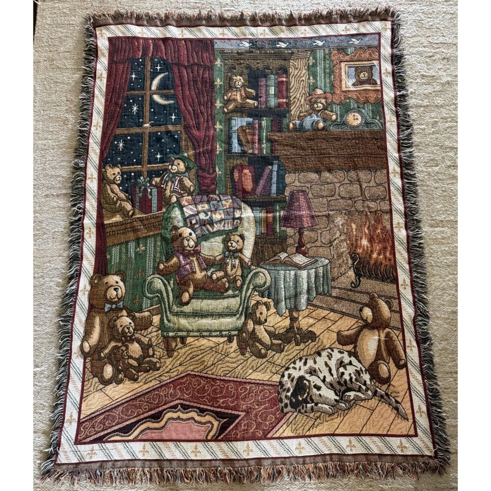 Teddy Bears by Fireplace Woven Tapestry Afghan Throw Blanket Dalmatian 66 X 46